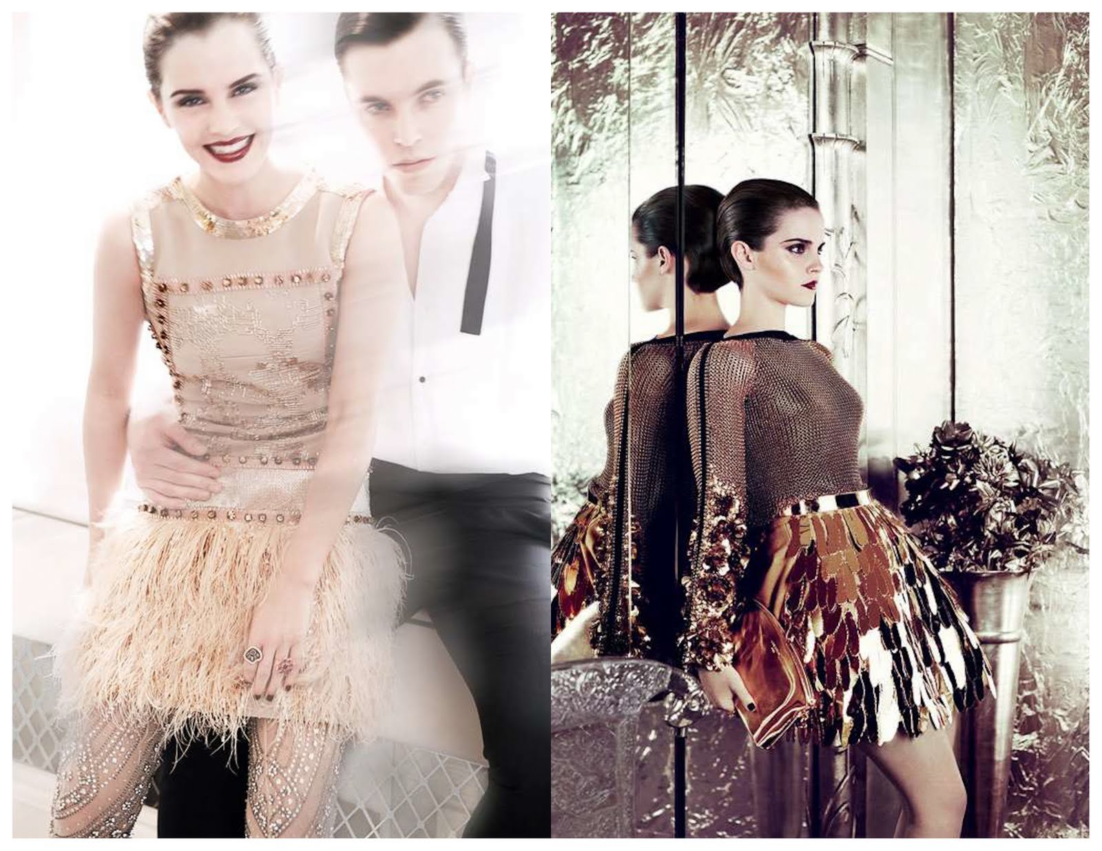 HD PC desktop wallpaper featuring celebrity Emma Watson in elegant and fashion-forward attire, blending soft and reflective visuals.