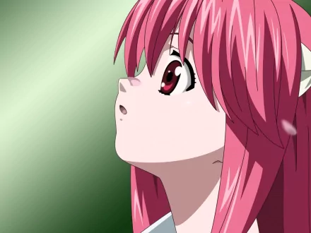 A vibrant HD wallpaper featuring Lucy from the anime Elfen Lied, depicting her with pink hair and a contemplative expression against a green background.