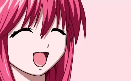 A vibrant HD desktop wallpaper featuring Lucy from the anime Elfen Lied, showcasing her cheerful expression against a soft pink background.