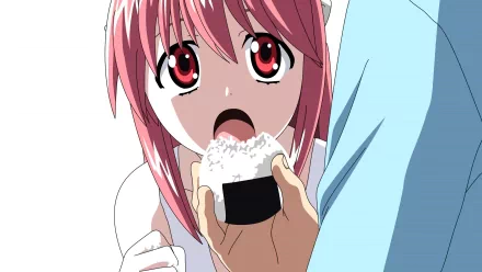 HD desktop wallpaper featuring Lucy from the anime Elfen Lied. She is depicted with pink hair and red eyes, about to eat an onigiri held by someone in front of her.