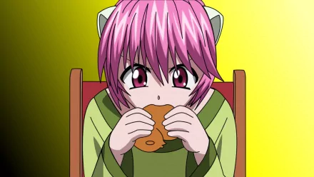 A close-up of Nana from Elfen Lied, featuring her with pink hair and cat ears, enjoying a snack. This HD anime wallpaper highlights her expressive features against a vibrant background.