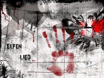 HD wallpaper featuring Lucy from the anime Elfen Lied, showcasing a striking design with red accents, blood splatters, and bold textual elements that capture the series' dark themes.
