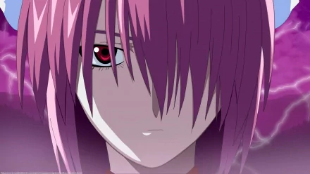 A striking HD desktop wallpaper featuring Lucy from *Elfen Lied*, showcasing her captivating gaze and distinctive pink hair against a vibrant background.