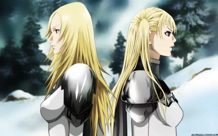 A stunning HD anime wallpaper featuring two characters from Claymore, set against a snowy backdrop, highlighting their fierce expressions and intricate armor.