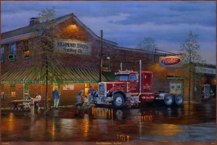 A vibrant HD desktop wallpaper featuring a Peterbilt truck parked in front of a brick building, illuminated by warm lights, capturing a bustling scene after rain.