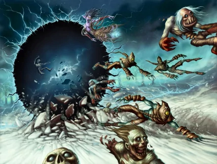 A dynamic HD wallpaper from Hearthstone: Heroes of Warcraft, featuring a dark portal surrounded by eerie, undead creatures in a dramatic, action-packed scene.