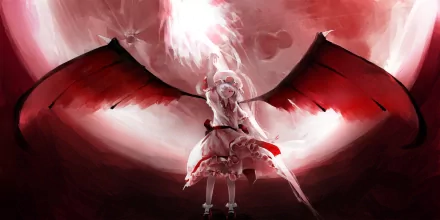 HD anime desktop wallpaper of Remilia Scarlet from Touhou, featuring her with large red wings against a dramatic, glowing red and white background.
