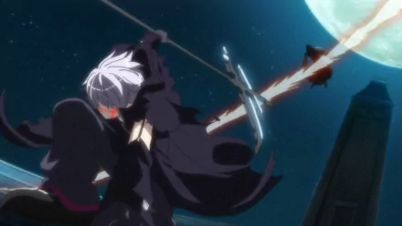 HD anime desktop wallpaper featuring a character from The Qwaser of Stigmata holding a weapon against a night sky with the moon in the background.