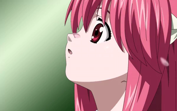A vibrant HD wallpaper featuring Lucy from the anime Elfen Lied, depicting her with pink hair and a contemplative expression against a green background.