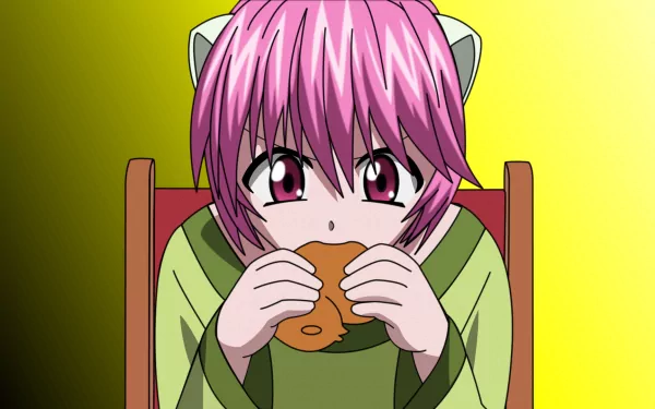 A close-up of Nana from Elfen Lied, featuring her with pink hair and cat ears, enjoying a snack. This HD anime wallpaper highlights her expressive features against a vibrant background.
