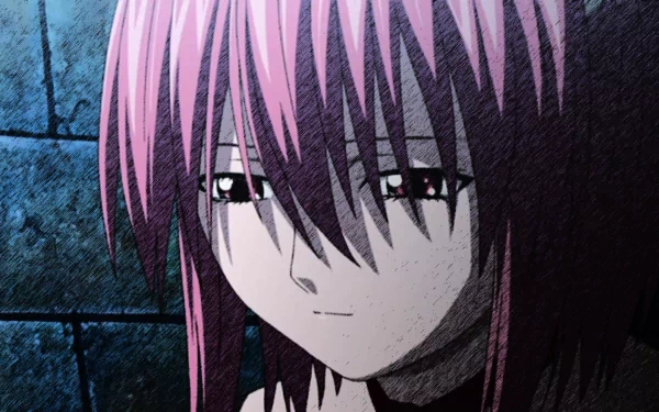 HD desktop wallpaper featuring Lucy from the anime Elfen Lied, showcasing her signature pink hair and expressive gaze against a textured background.