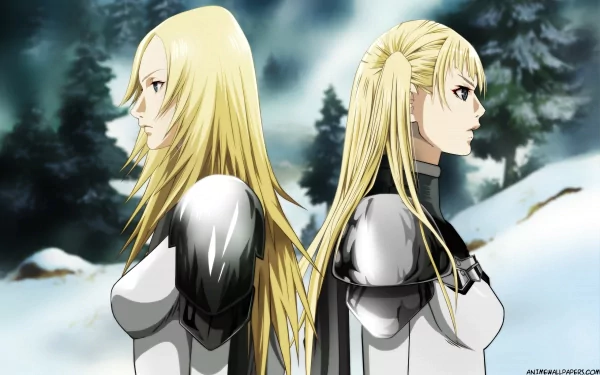 A stunning HD anime wallpaper featuring two characters from Claymore, set against a snowy backdrop, highlighting their fierce expressions and intricate armor.