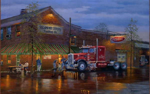 A vibrant HD desktop wallpaper featuring a Peterbilt truck parked in front of a brick building, illuminated by warm lights, capturing a bustling scene after rain.