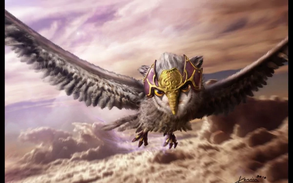 An owl in flight, adorned with a golden mask, soars above clouds, inspired by the movie Legend of the Guardians: The Owls of Ga'Hoole. A striking HD desktop wallpaper.