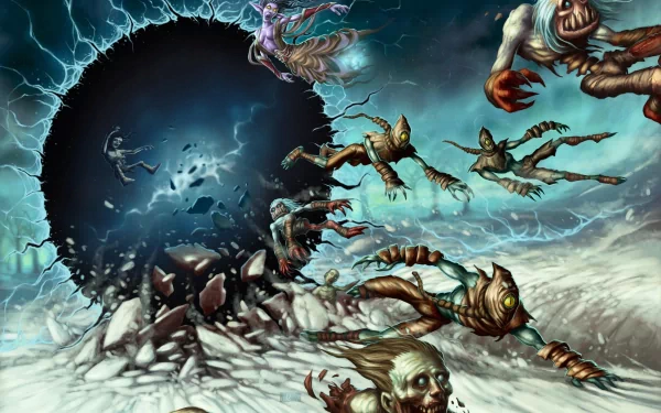 A dynamic HD wallpaper from Hearthstone: Heroes of Warcraft, featuring a dark portal surrounded by eerie, undead creatures in a dramatic, action-packed scene.