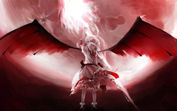 HD anime desktop wallpaper of Remilia Scarlet from Touhou, featuring her with large red wings against a dramatic, glowing red and white background.