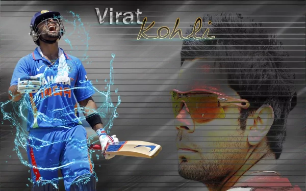 HD desktop wallpaper featuring a dynamic image of batsman Virat Kohli in cricket gear and another portrait of him in sunglasses. The background includes an artistic effect and displays his name prominently.