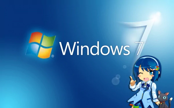 Anime Os-tan Windows 7 HD PC desktop wallpaper: bright blue background with Windows logo and a winking blue-haired Os-tan character in uniform with a small cat.