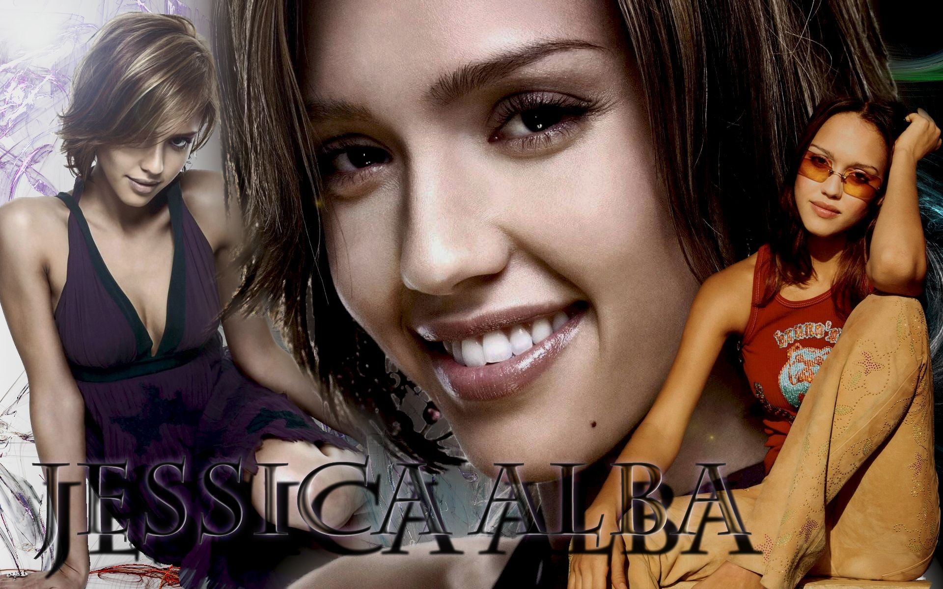 Jessica Alba smiling radiantly against a vibrant background.