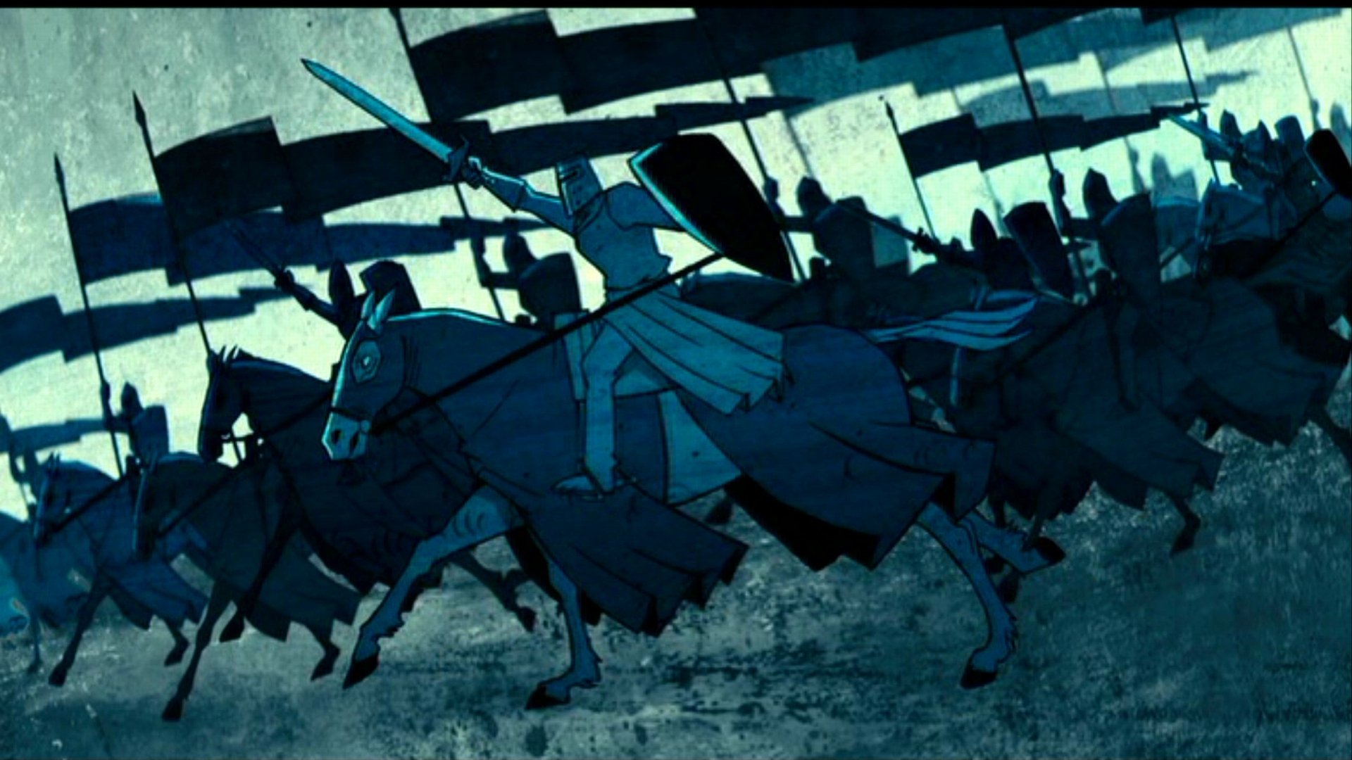 HD PC desktop wallpaper from the movie Priest — blue‑tinted stylized battle scene of cloaked horsemen and waving banners charging across a gritty landscape.