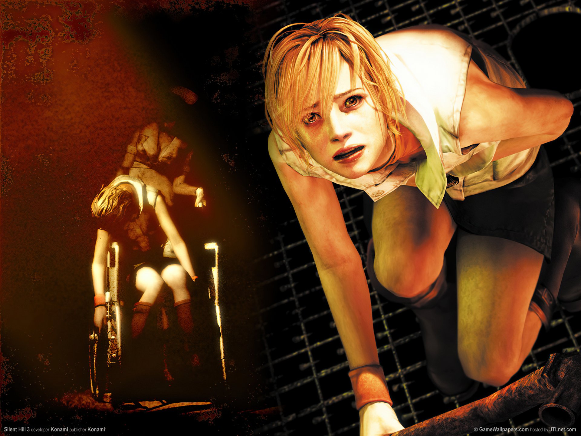 HD PC desktop wallpaper featuring a character from the video game Silent Hill 3 in a dark, eerie setting with intense lighting effects.