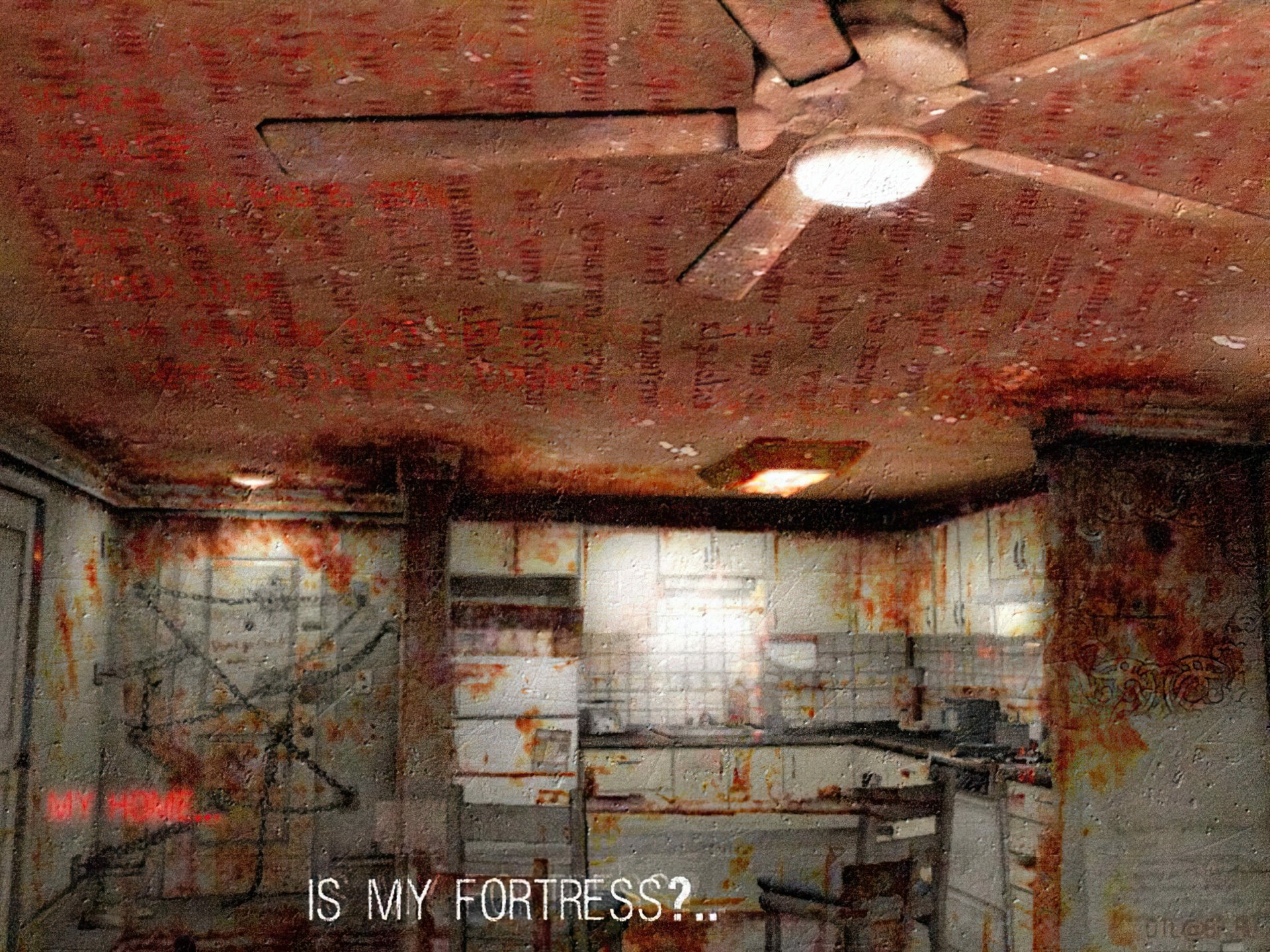 Silent Hill video game 2K Quad HD PC desktop wallpaper: blood-streaked, decaying kitchen with a peeling ceiling fan, rusted appliances, grimy tiles and dim, flickering light.