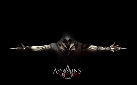 A striking HD wallpaper featuring a character from Assassin's Creed II, shrouded in darkness with arms outstretched, embodying the game's stealth and action themes.