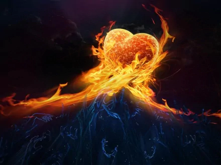 A captivating fantasy scene featuring a heart engulfed in blue flames and fire, with a dark, magical background and hands reaching up, creating a dramatic and elemental atmosphere.