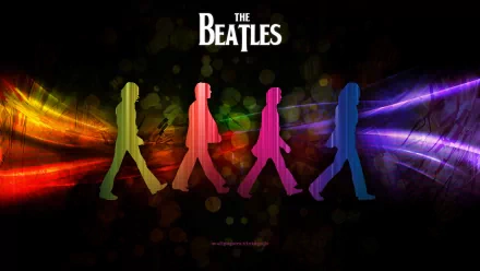 A vibrant HD desktop wallpaper featuring silhouettes of The Beatles walking in colorful shades against a dark background, celebrating their iconic influence in music.