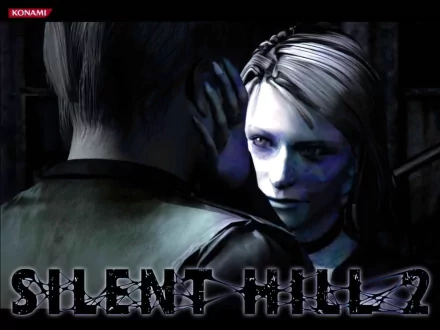 HD PC desktop wallpaper featuring a tense scene from Silent Hill 2, showcasing characters in the eerie, atmospheric world of the Silent Hill video game series.