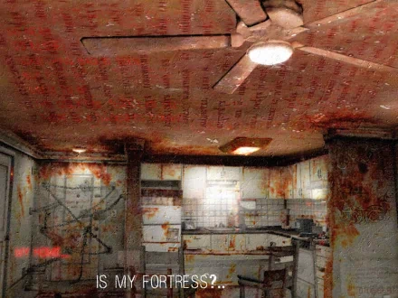 Silent Hill video game 2K Quad HD PC desktop wallpaper: blood-streaked, decaying kitchen with a peeling ceiling fan, rusted appliances, grimy tiles and dim, flickering light.