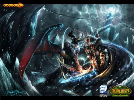 A dynamic HD wallpaper from World of Warcraft, featuring Ilidan in an intense fight against a fierce opponent amidst a dramatic icy landscape, capturing the game's epic battle atmosphere.