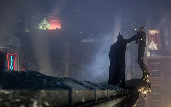 HD desktop wallpaper featuring Batman from the video game Batman: Arkham City, standing on a rooftop in a dark, foggy urban environment.