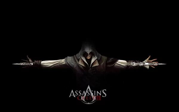 A striking HD wallpaper featuring a character from Assassin's Creed II, shrouded in darkness with arms outstretched, embodying the game's stealth and action themes.