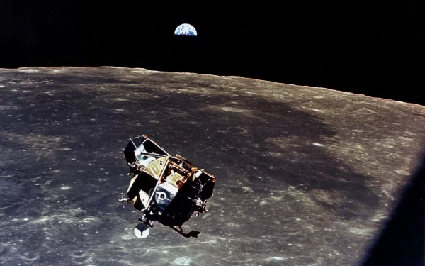 A stunning HD wallpaper featuring a NASA lunar module on the moon's surface, with Earth visible in the background, embodying the spirit of space exploration and Sci-Fi innovation.