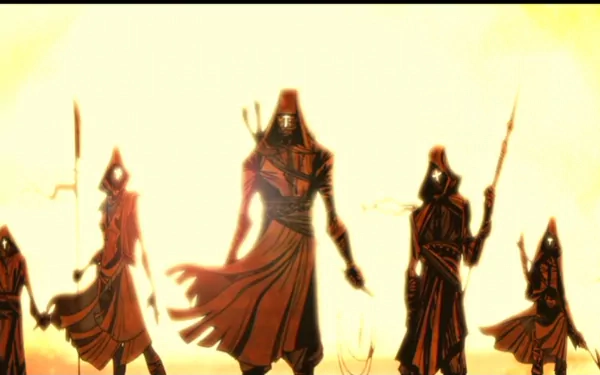 High-definition wallpaper from the movie Priest, featuring shadowy figures in dramatic cloaks against a vibrant, glowing background.