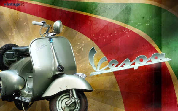 HD desktop wallpaper featuring a vintage silver Vespa scooter against a colorful retro backdrop with the Vespa logo prominently displayed.