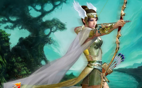 A stunning HD wallpaper featuring an elf archer in a fantasy setting from Perfect World, poised with a bow against a vibrant, mystical landscape. The character exudes strength and grace.
