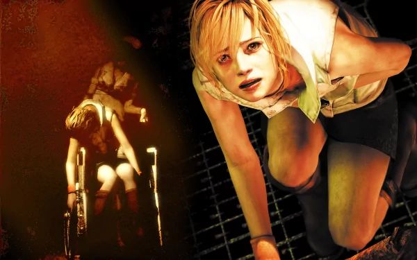 HD PC desktop wallpaper featuring a character from the video game Silent Hill 3 in a dark, eerie setting with intense lighting effects.