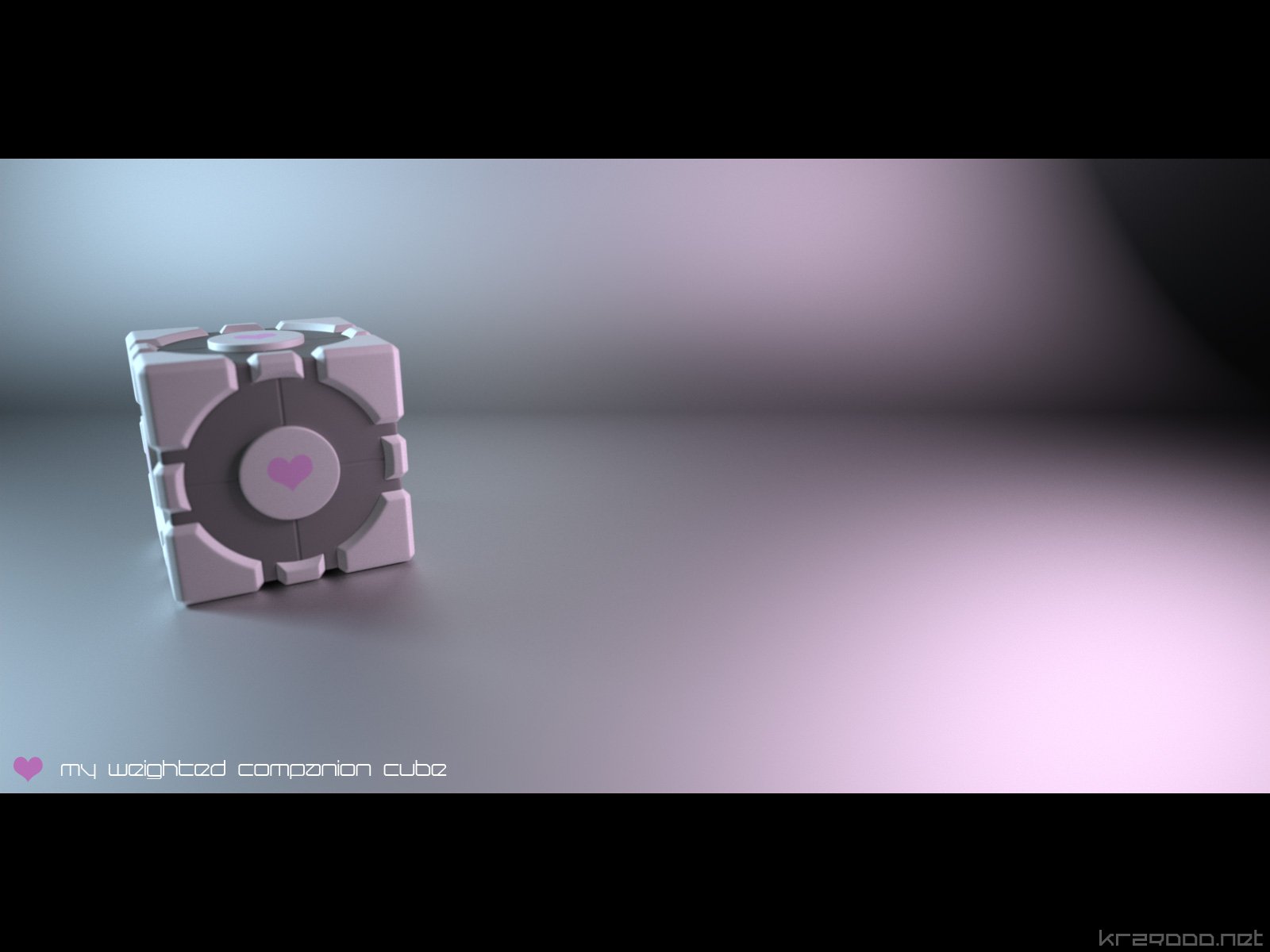 HD PC desktop wallpaper of the Companion Cube from Portal (video game): the cube with heart emblem sits on a glossy floor, bathed in soft purple-pink light.