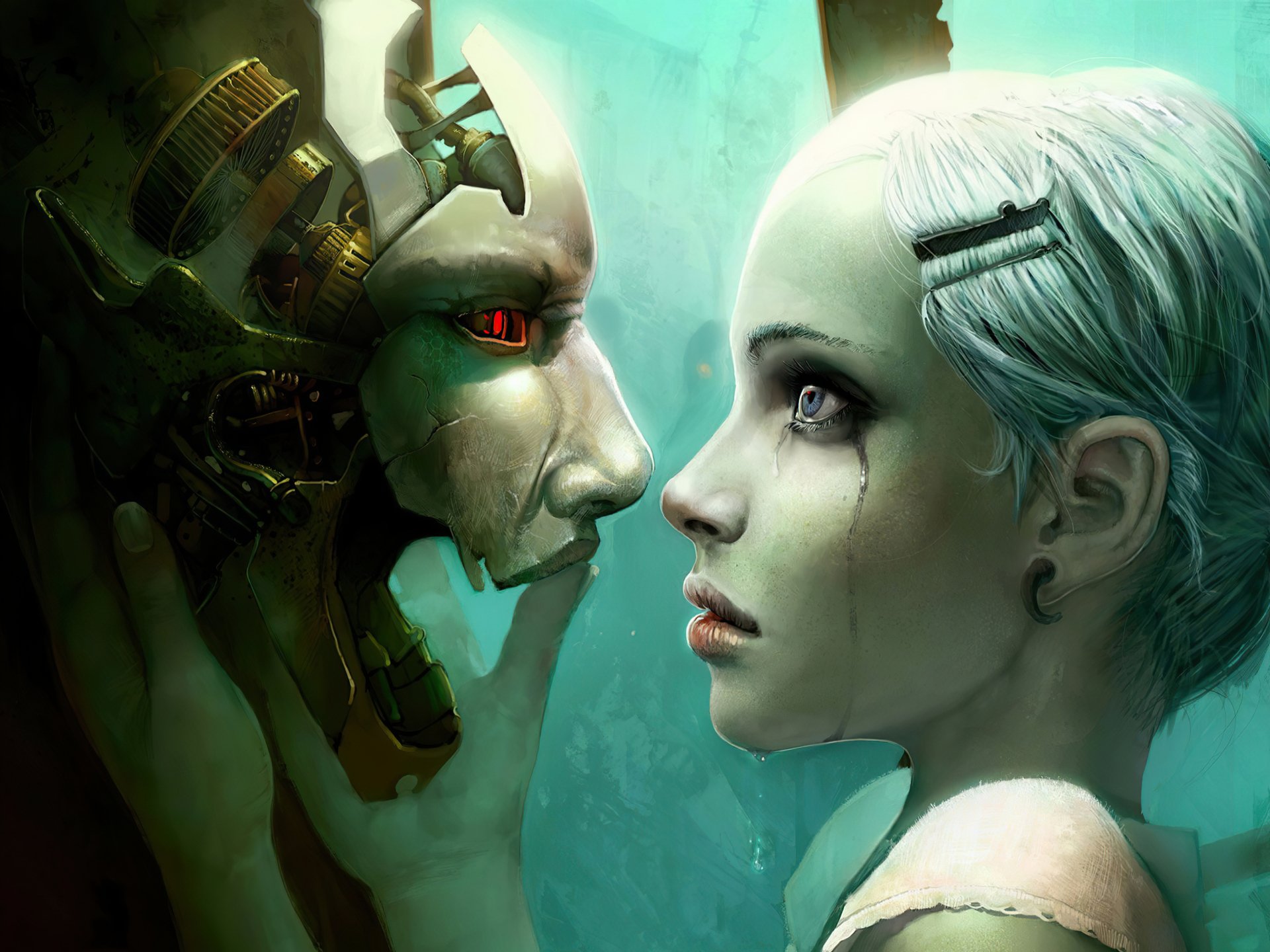 HD PC desktop wallpaper of a sci-fi scene featuring a woman with pale skin and tear-streaked makeup facing a glowing red-eyed robotic figure in an intense close-up.