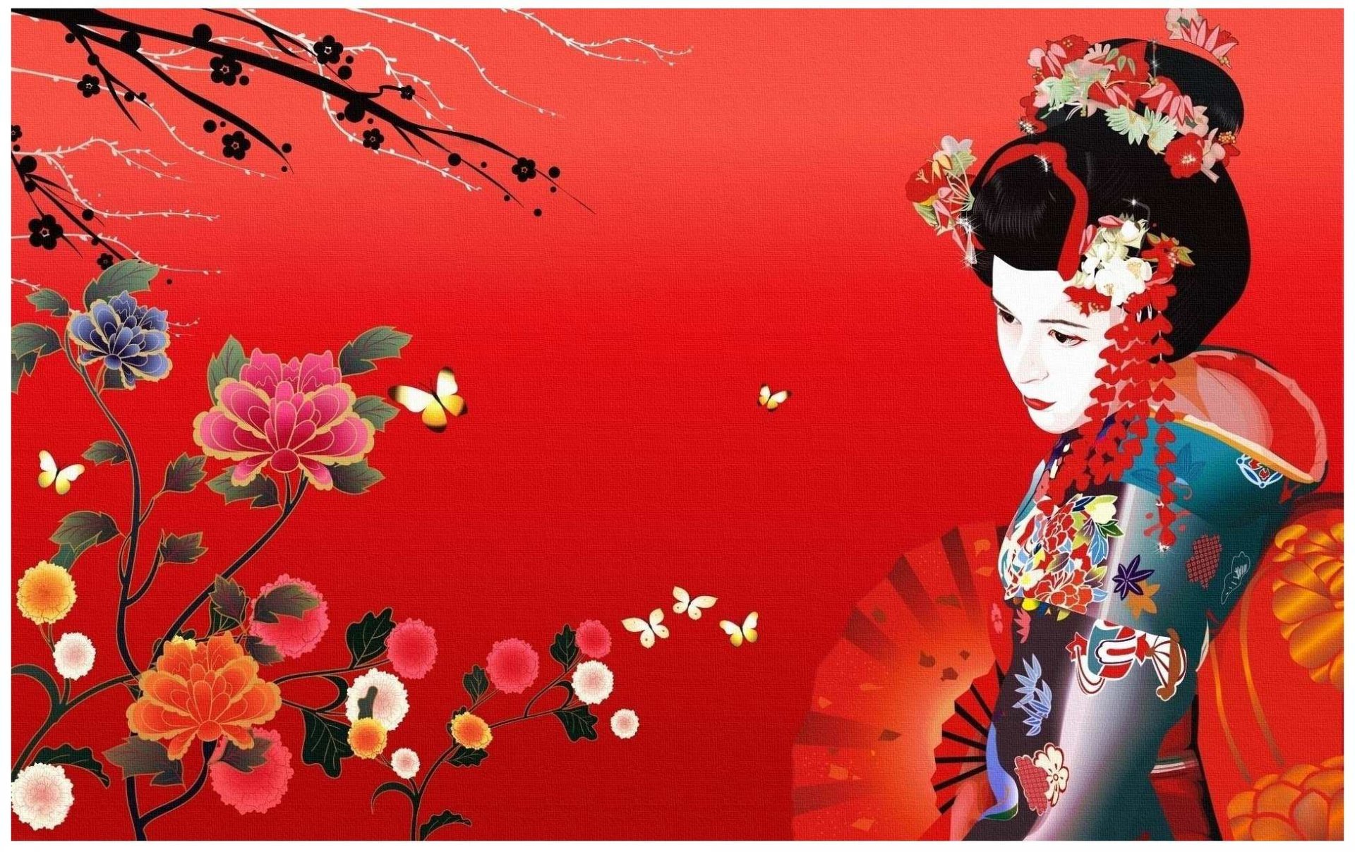 HD fantasy PC wallpaper featuring a woman in traditional attire surrounded by vibrant flowers and butterflies against a vivid red background.