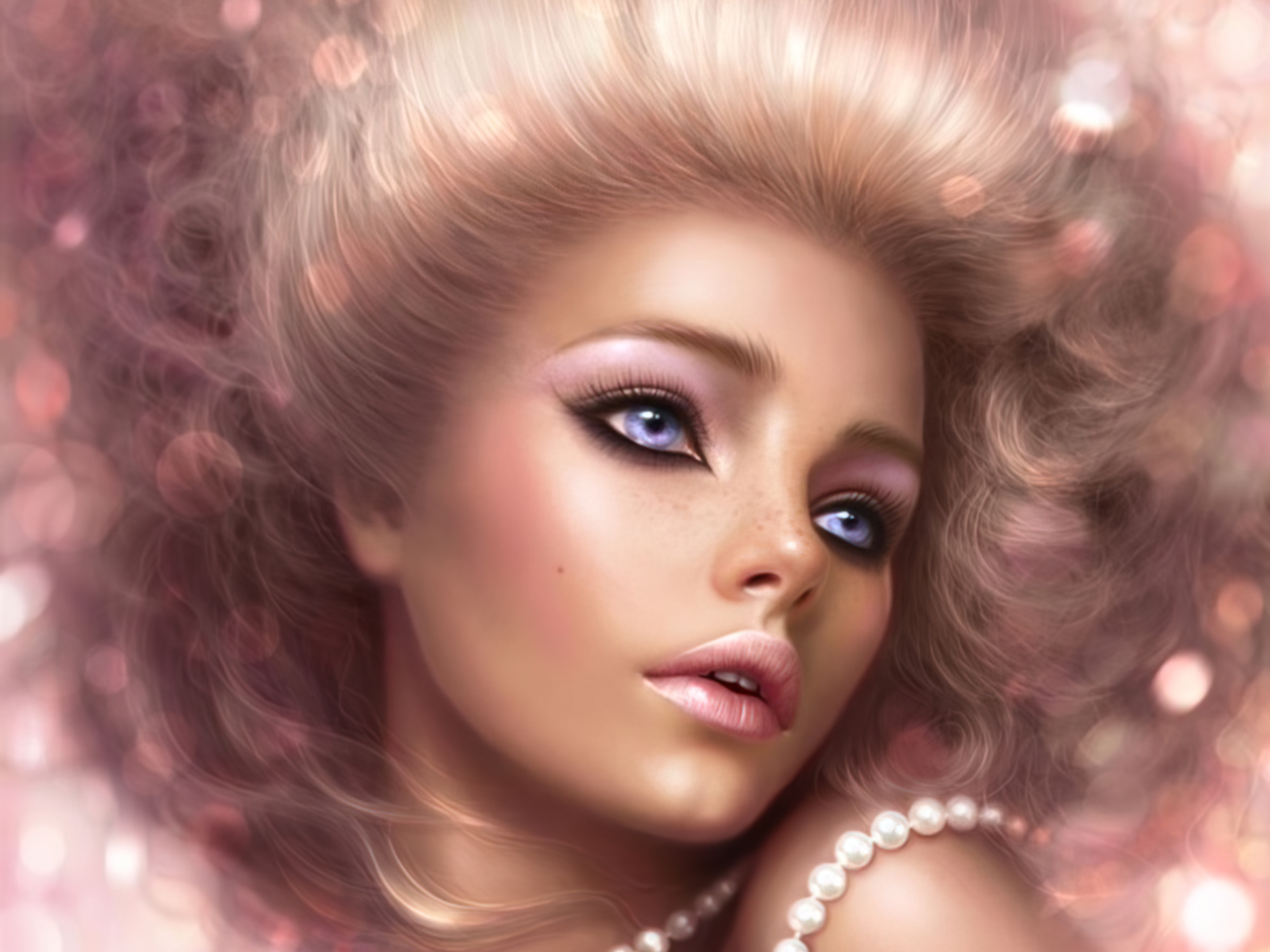 Fantasy-themed HD PC desktop wallpaper featuring a close-up of a woman with glowing makeup and ethereal light effects surrounding her face.