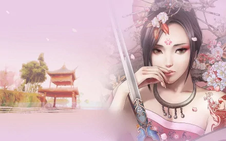 A vivid HD wallpaper featuring a character from the video game JX Online, showcasing a serene landscape with a pagoda and cherry blossoms, creating an enchanting atmosphere.