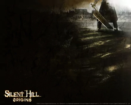 Video game Silent Hill 2K Quad HD PC desktop wallpaper: dark, grungy scene with a solitary, blade-wielding figure standing in dim light with wet, reflective floor textures.