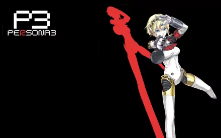 Aigis from Persona 3, a blonde blue-eyed robot, striking a dynamic pose with her machine gun against a black background.