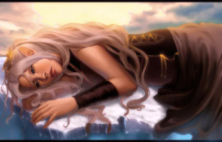 A serene elf with long, flowing hair lies on a rocky surface, gazing contemplatively into the distance against a beautiful sky, creating a captivating fantasy scene for a HD desktop wallpaper.