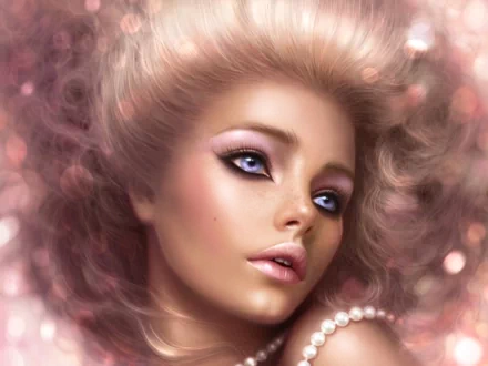 Fantasy-themed HD PC desktop wallpaper featuring a close-up of a woman with glowing makeup and ethereal light effects surrounding her face.