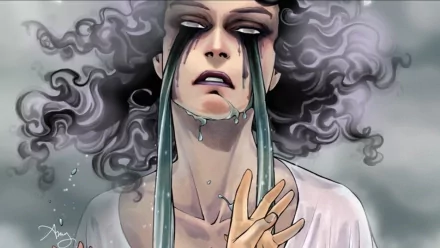 HD PC desktop wallpaper featuring a dramatic comic-style illustration of Batwoman with tears streaming down her face and flowing curly hair.