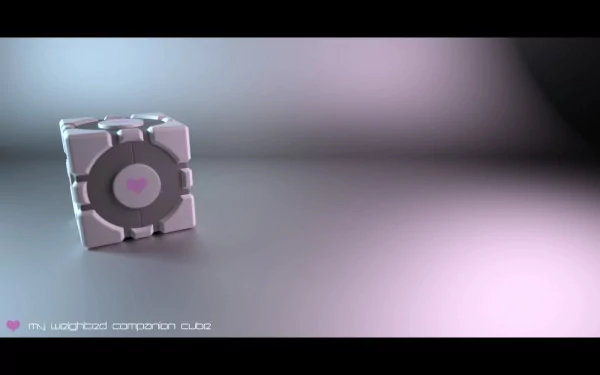 HD PC desktop wallpaper of the Companion Cube from Portal (video game): the cube with heart emblem sits on a glossy floor, bathed in soft purple-pink light.
